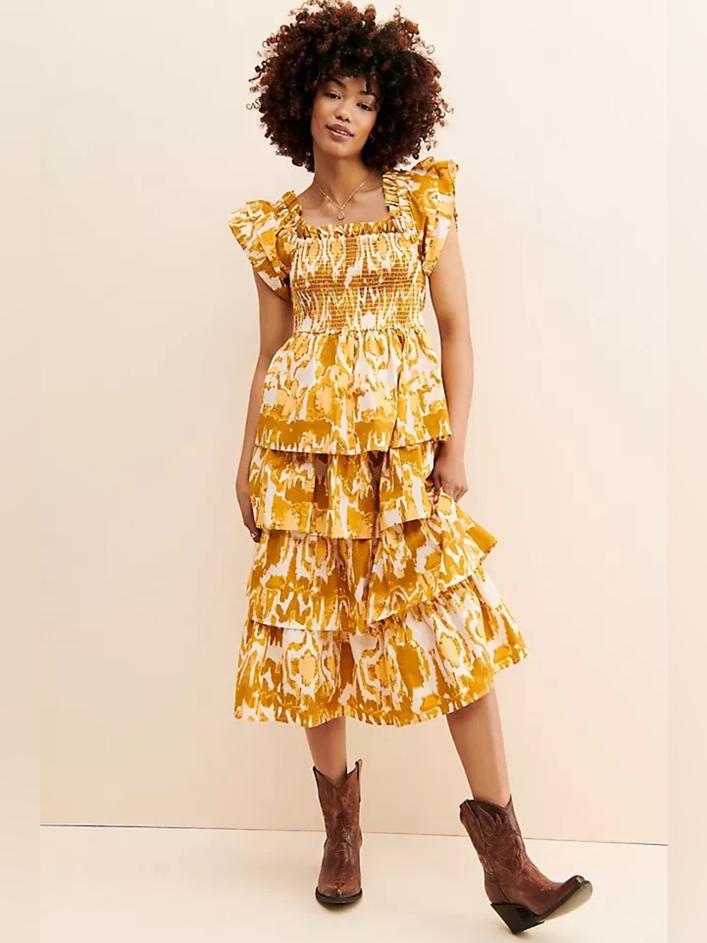 Cleobella / Samantha Mustard Print Smocked Tiered Ruffle Midi Dress - Sz S - NWT